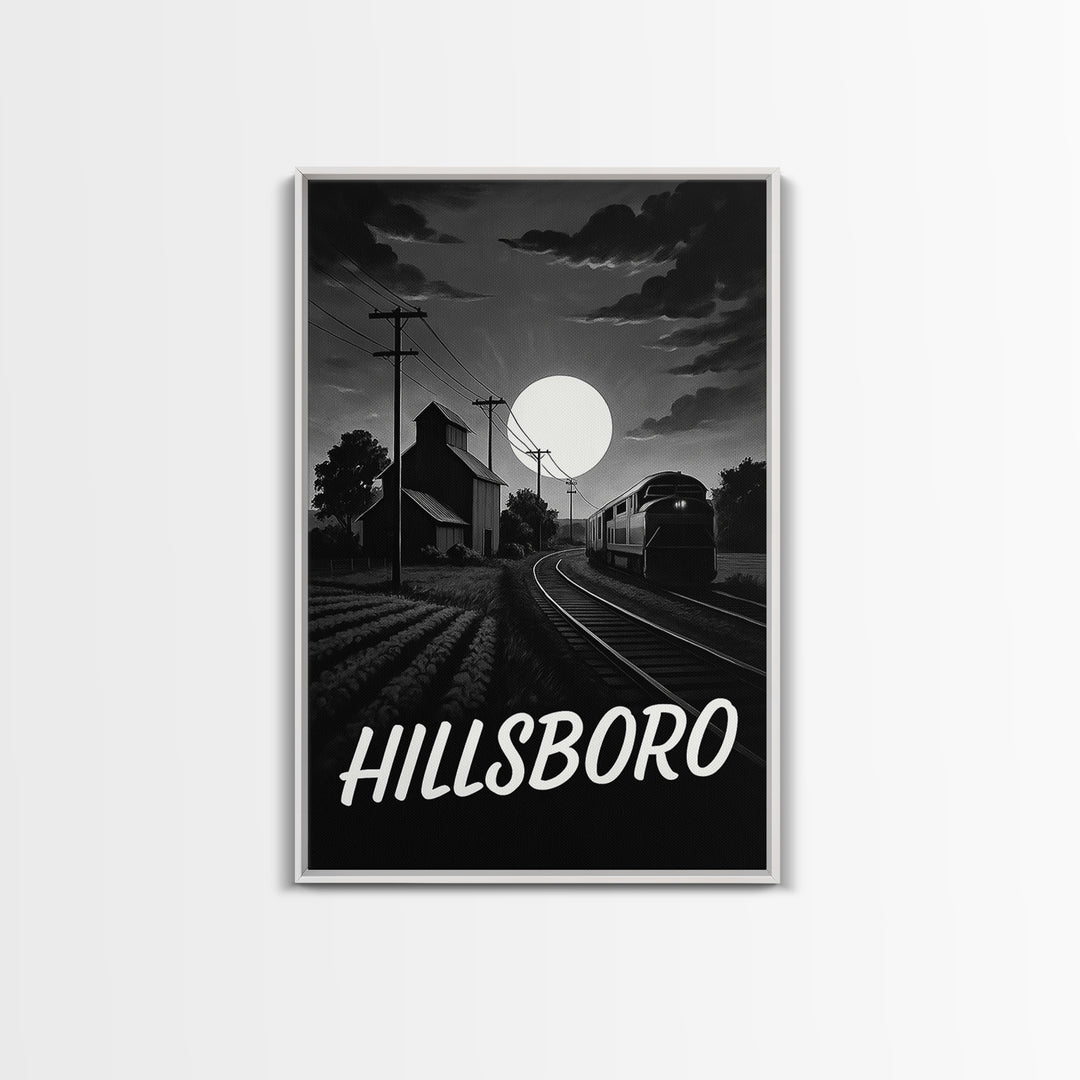 Hillsboro Travel Poster, Canvas Print, Dark Moody City Wall Art, Hillsboro Art Print, Living Room Wall Art, Vintage Travel Art