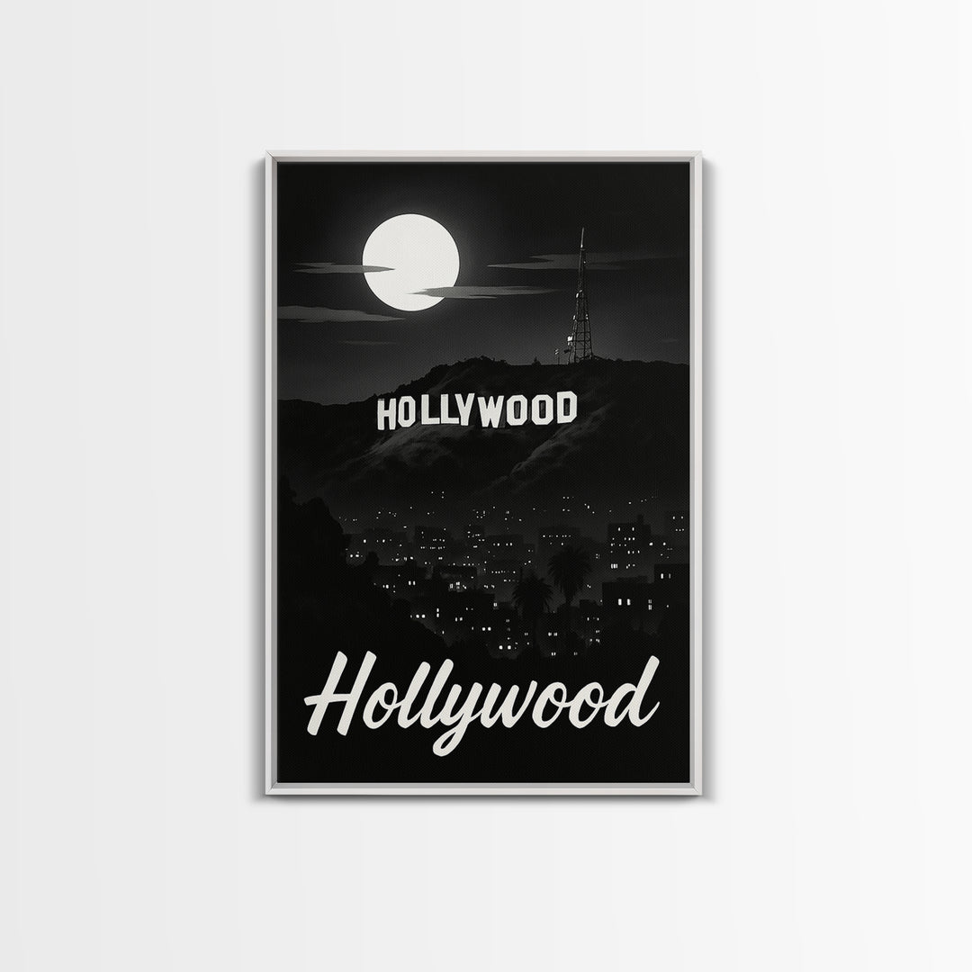 Hollywood Travel Poster, Framed Canvas Print, Night Street Poster Art, Hollywood Wall Art, Travel Poster Set, Travel Wall Art, Design 2