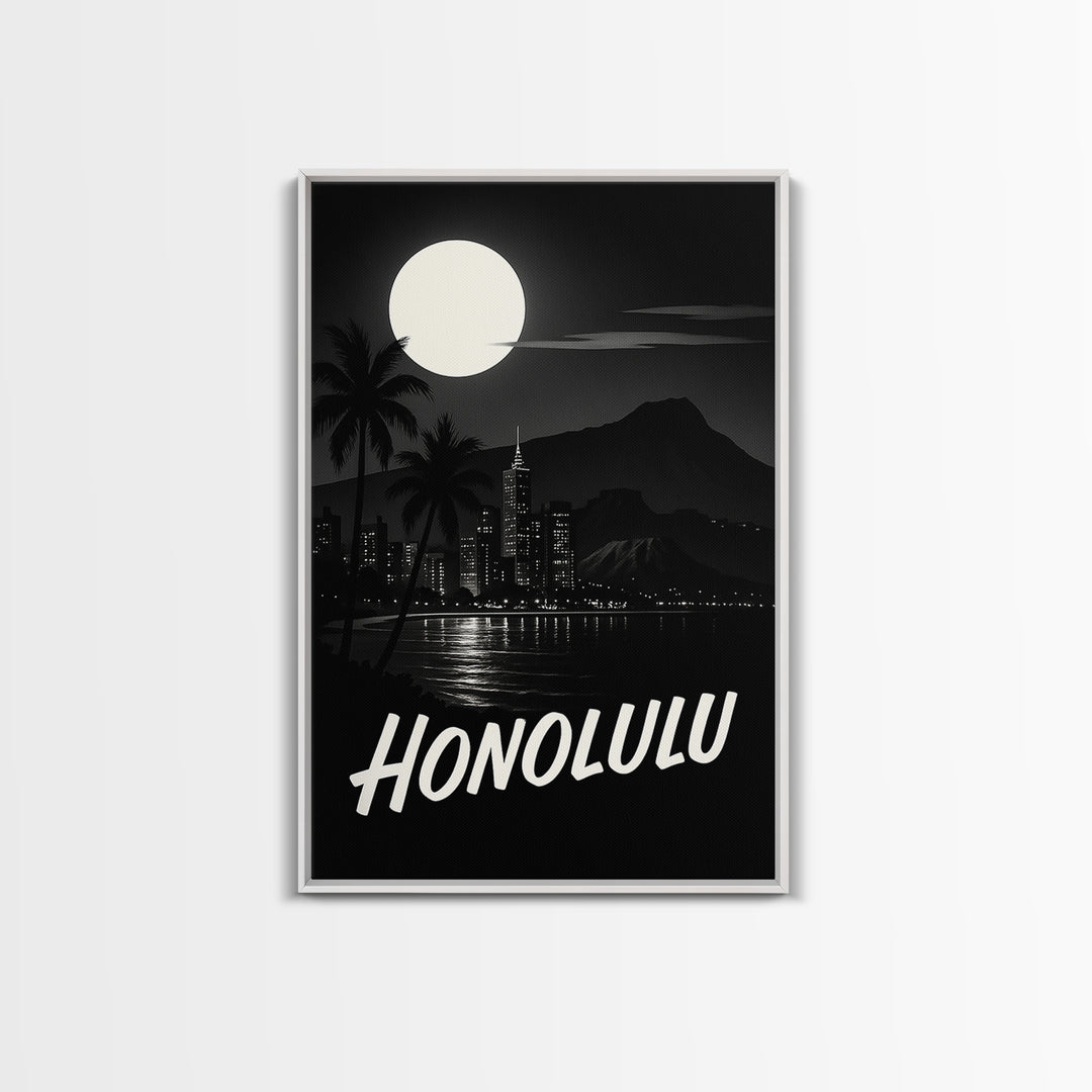 Honolulu Hawaii Travel Poster, Framed Canvas Print, Night Street Poster Art, Honolulu Travel Art, Home Office Decor, Modern Wall Decor