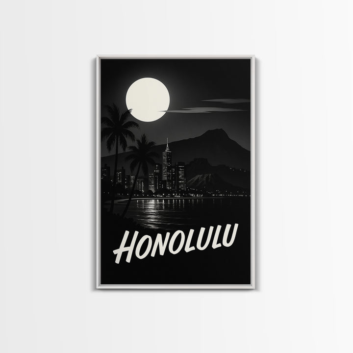 Honolulu Hawaii Travel Poster, Framed Canvas Print, Night Street Poster Art, Honolulu Travel Art, Home Office Decor, Modern Wall Decor