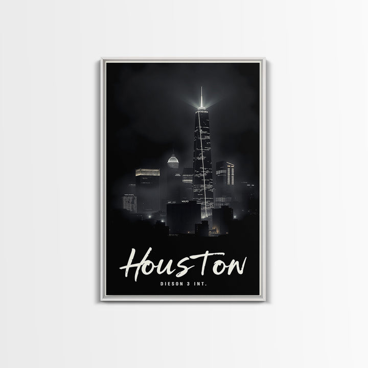 Houston Texas Travel Poster, Framed Canvas Print, Dark Moody City Wall Art, Houston City Art, Gift For Travelers, Living Room Wall Art