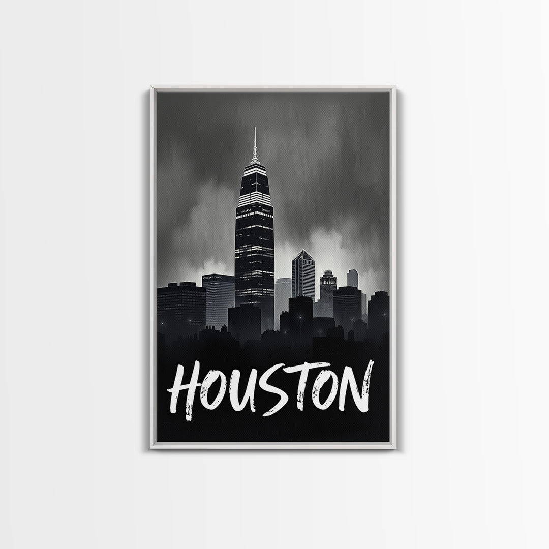 Houston Travel Poster, Framed Canvas Print, Black And White Travel Art, Houston Art Print, Retro Travel Print, City Travel Prints