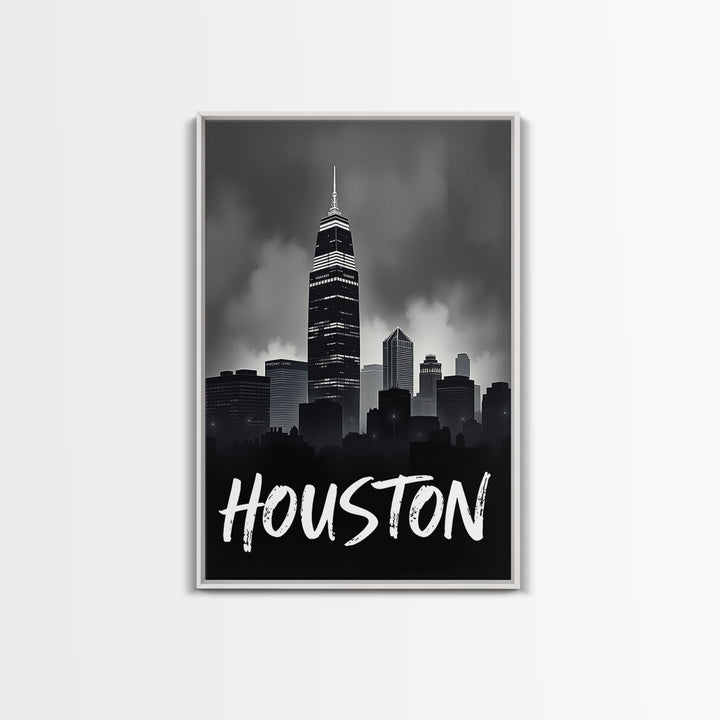 Houston Travel Poster, Framed Canvas Print, Black And White Travel Art, Houston Art Print, Retro Travel Print, City Travel Prints