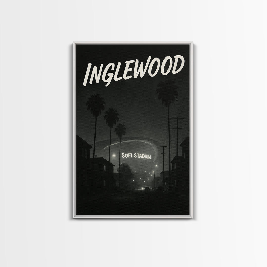Inglewood California Travel Poster, Framed Canvas Print, Night Street Poster Art, Inglewood City Art, City Illustration, Vintage City Poster