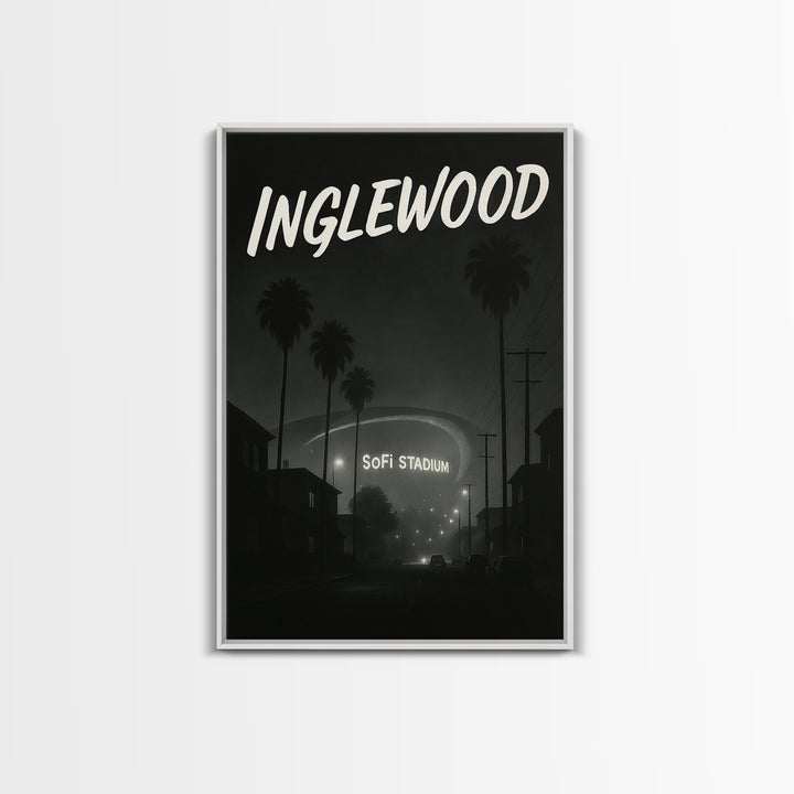 Inglewood California Travel Poster, Framed Canvas Print, Night Street Poster Art, Inglewood City Art, City Illustration, Vintage City Poster