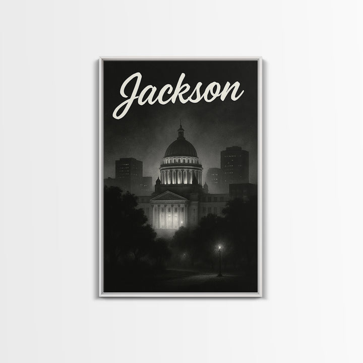 Jackson Mississippi Travel Poster, Framed Canvas Print, Dark Moody City Wall Art, Jackson City Art, City Illustration, Retro Travel Print