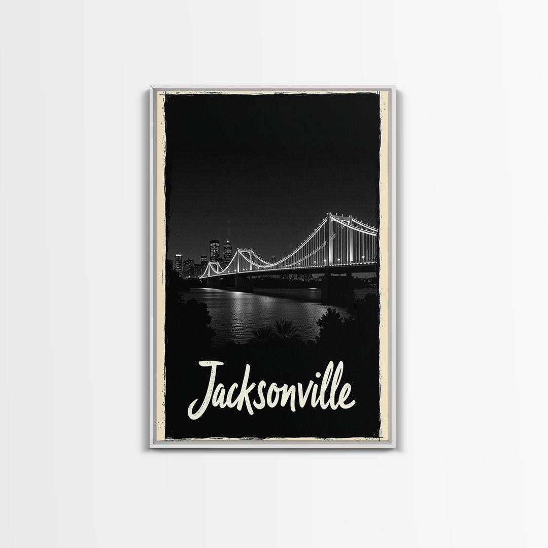 Jacksonville Travel Poster, Framed Canvas Print, Black And White Travel Art, Jacksonville Art Print, Retro Travel Print, Home Office Decor