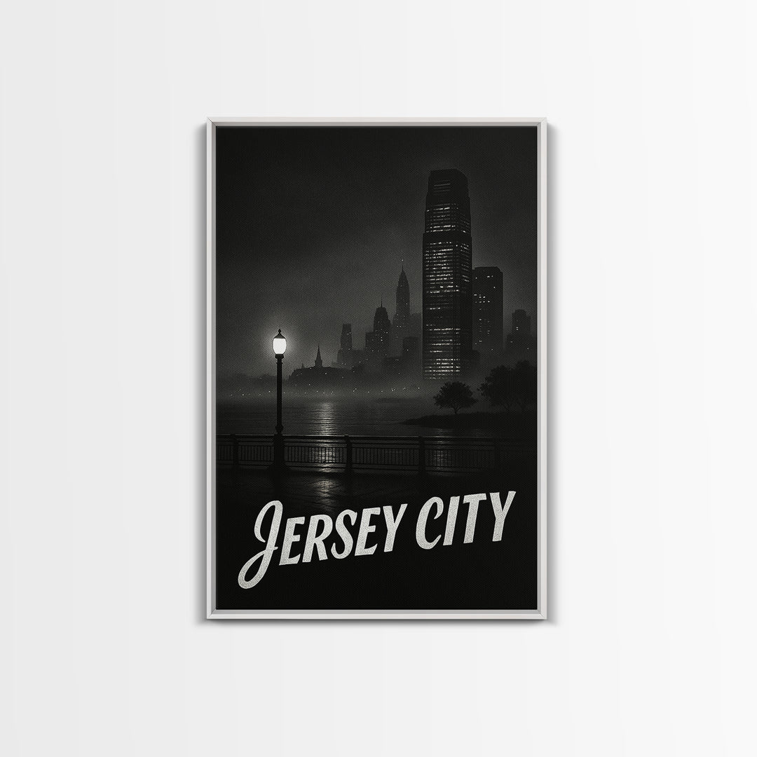 Jersey City Travel Poster, Framed Canvas Print, Vintage Noir Poster Art, Jersey City Wall Art, City Travel Prints, Vintage Travel Art