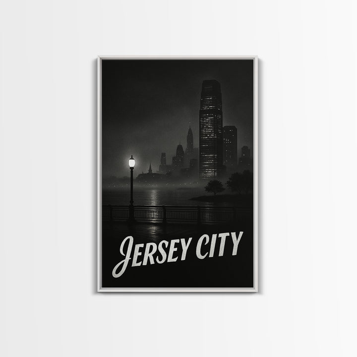 Jersey City Travel Poster, Framed Canvas Print, Vintage Noir Poster Art, Jersey City Wall Art, City Travel Prints, Vintage Travel Art