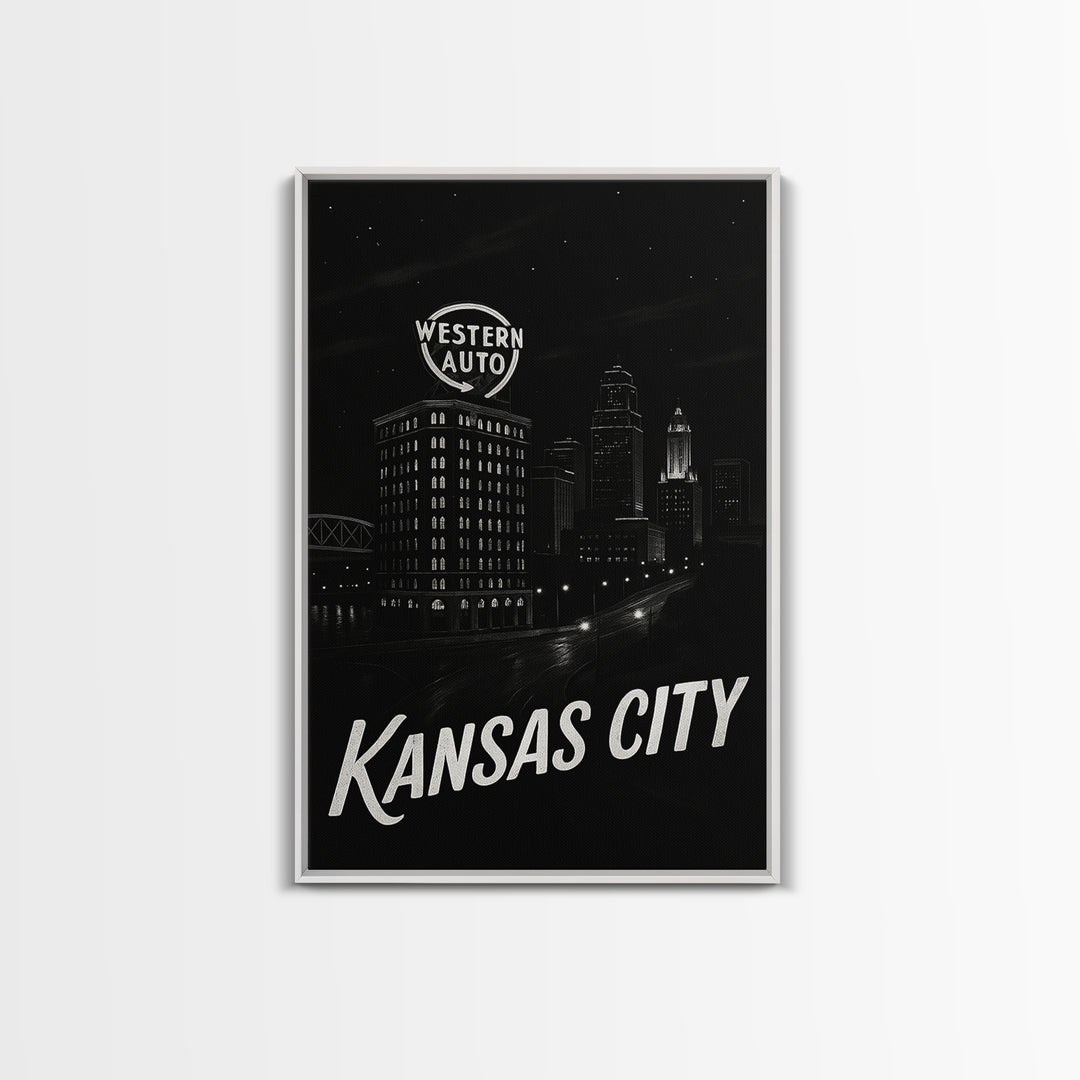 Kansas City Missouri Travel Poster, Canvas Print, Dark Moody City Wall Art, Kansas City Poster Print, City Illustration, Eclectic Wall Decor
