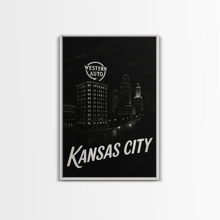 Kansas City Missouri Travel Poster, Canvas Print, Dark Moody City Wall Art, Kansas City Poster Print, City Illustration, Eclectic Wall Decor