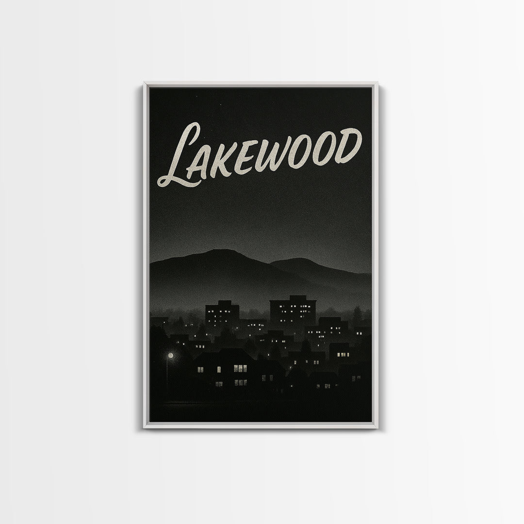 Lakewood Travel Poster, Framed Canvas Print, Night Street Poster Art, Lakewood Travel Art, Living Room Wall Art, Mid Century Wall Art