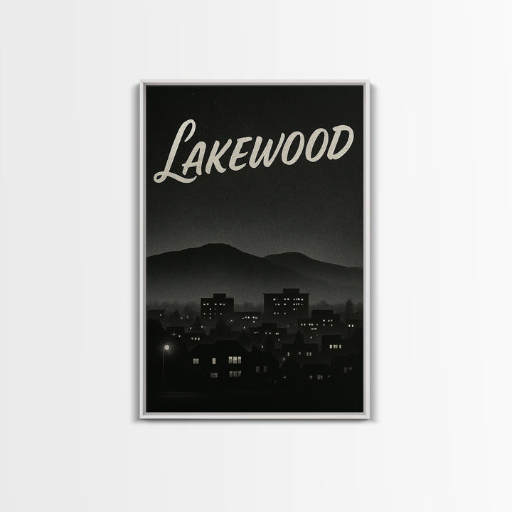 Lakewood Travel Poster, Framed Canvas Print, Night Street Poster Art, Lakewood Travel Art, Living Room Wall Art, Mid Century Wall Art