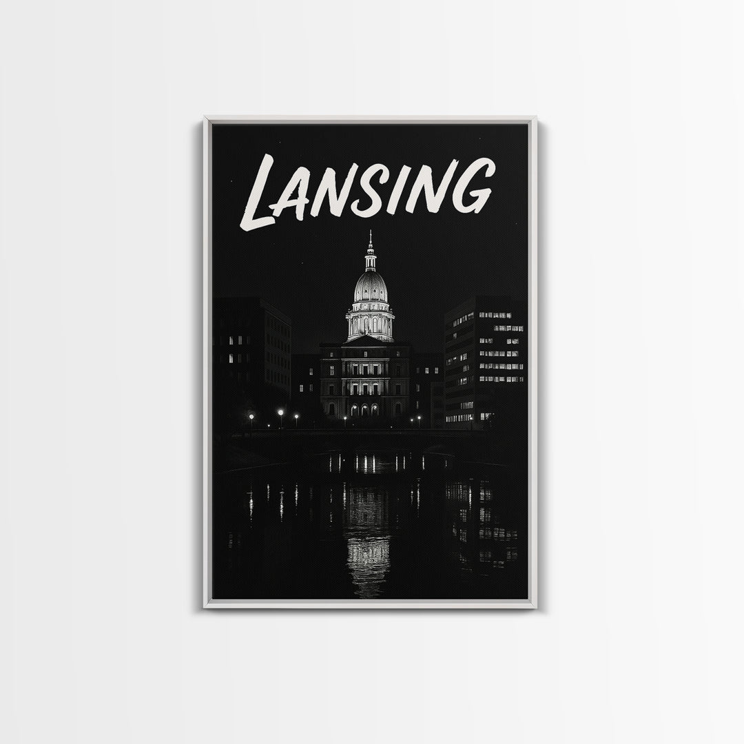 Lansing Michigan Travel Poster, Canvas Print, Dark Moody City Wall Art, Lansing City Art, Travel Poster Set, Travel Art Print, Wall Art