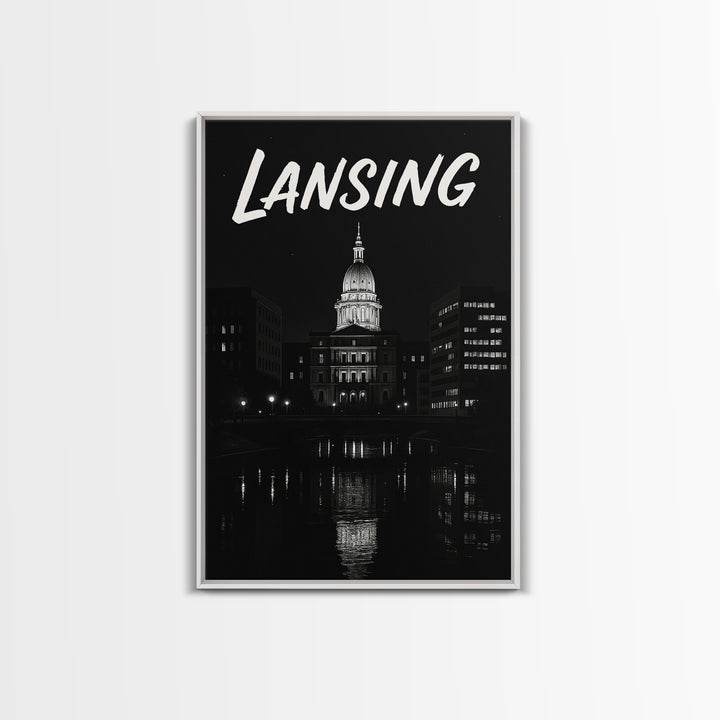 Lansing Michigan Travel Poster, Canvas Print, Dark Moody City Wall Art, Lansing City Art, Travel Poster Set, Travel Art Print, Wall Art