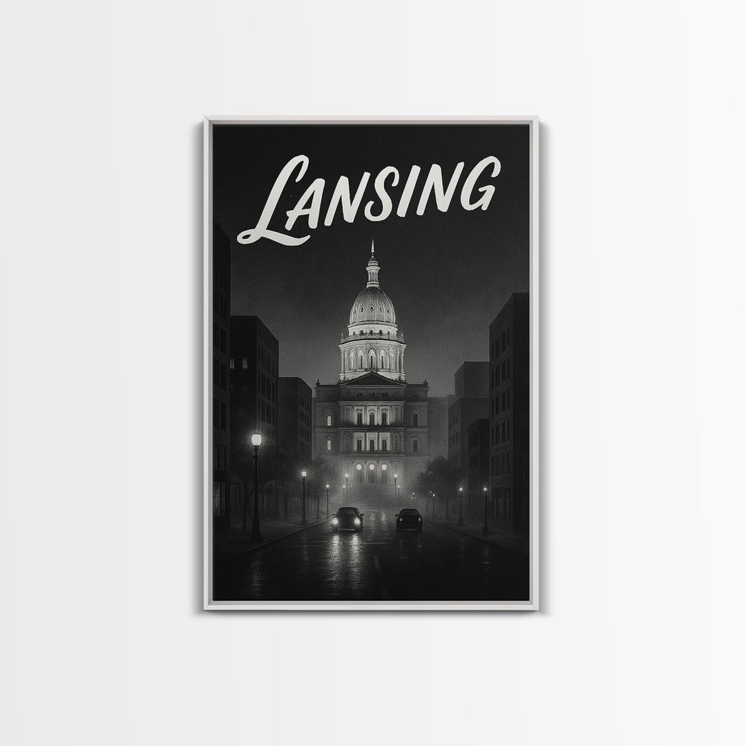 Lansing Travel Poster, Framed Canvas Print, Black And White Travel Art, Lansing Poster Print, Vintage City Art, Living Room Wall Art