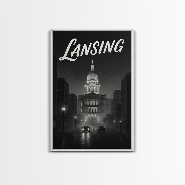 Lansing Travel Poster, Framed Canvas Print, Black And White Travel Art, Lansing Poster Print, Vintage City Art, Living Room Wall Art