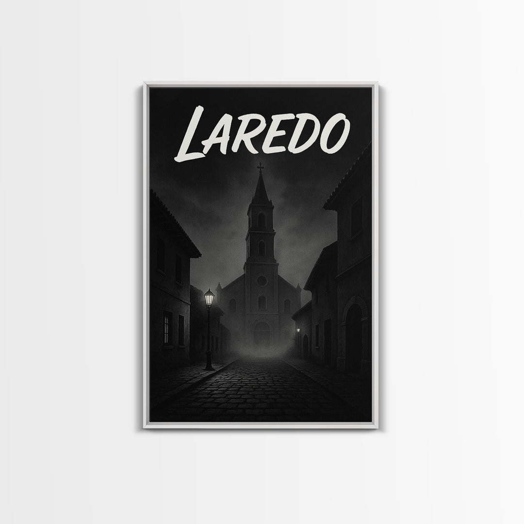 Laredo Travel Poster, Framed Canvas Print, Black And White Travel Art, Laredo Art Print, Retro Travel Print, Home Office Decor