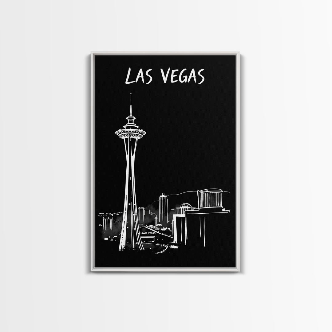 Las Vegas Travel Poster, Framed Canvas Print, Dark Moody City Wall Art, Las Vegas Wall Art, Mid Century Wall Art, Retro Travel Print