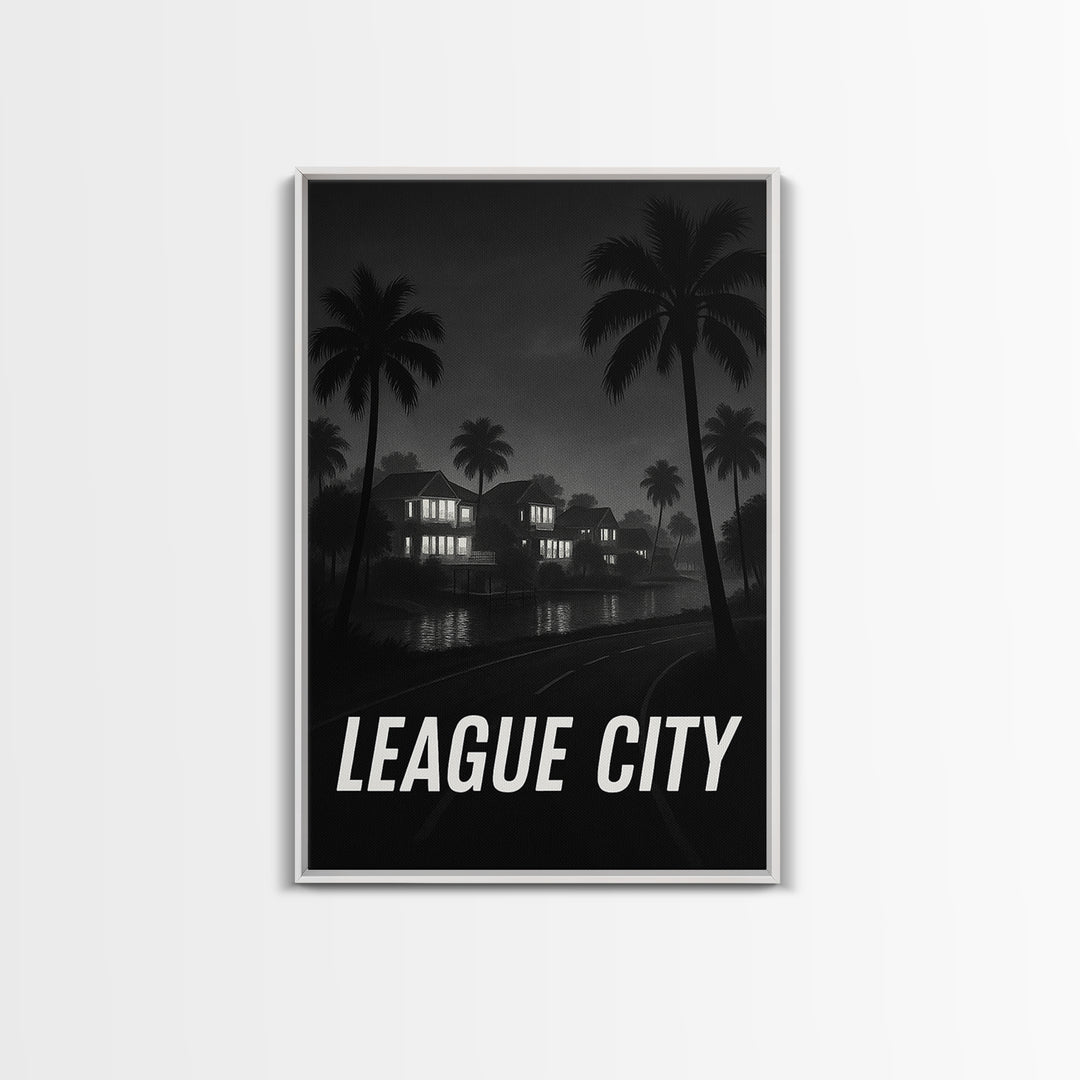 League City Texas Travel Poster, Framed Canvas Print, Night Street Poster Art, League City Art Print, Retro Travel Print, Travel Wall Art