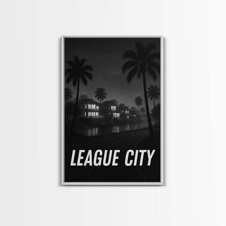 League City Texas Travel Poster, Framed Canvas Print, Night Street Poster Art, League City Art Print, Retro Travel Print, Travel Wall Art