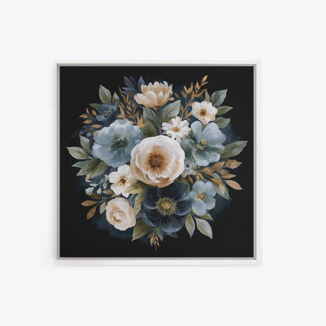 Moody Dark Background Bouquet for Formal Dining Framed Canvas Print, Dining Room Art, Kitchen Decor, Dining Room Decor, Dining, DRA-1x1-11