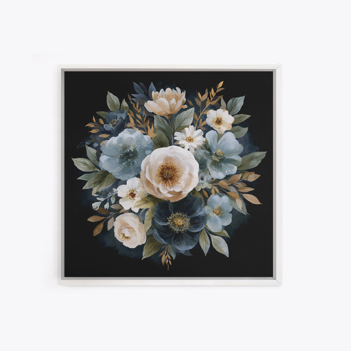 Moody Dark Background Bouquet for Formal Dining Framed Canvas Print, Dining Room Art, Kitchen Decor, Dining Room Decor, Dining, DRA-1x1-11