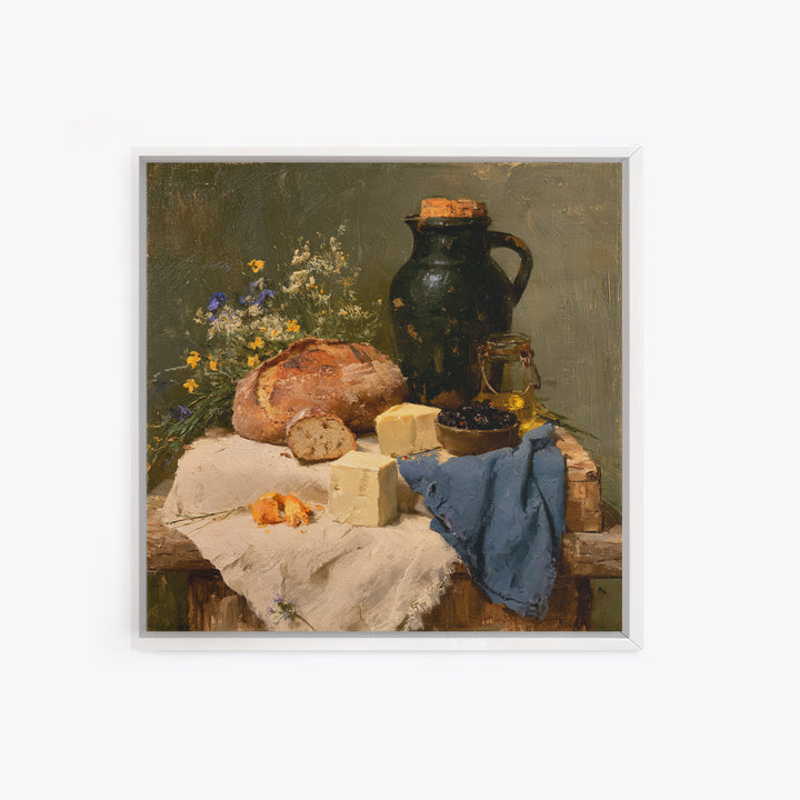 Rustic Bread Olives and Cheese Still Life Canvas Print, Dining Room Art, 3 Piece Wall Art, Dining Room Decor, Oil Painting, DRA-1x1-30