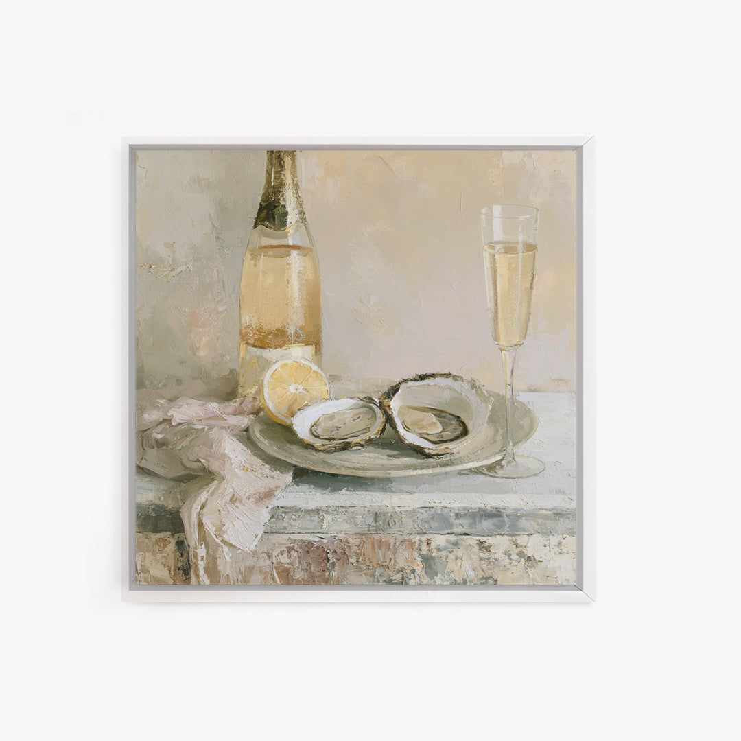 Elegant Oyster and Champagne Still Life Canvas Print, Dining Room Art, Kitchen Art, Dining Room Decor, Fine Art, Dining, DRA-1x1-31