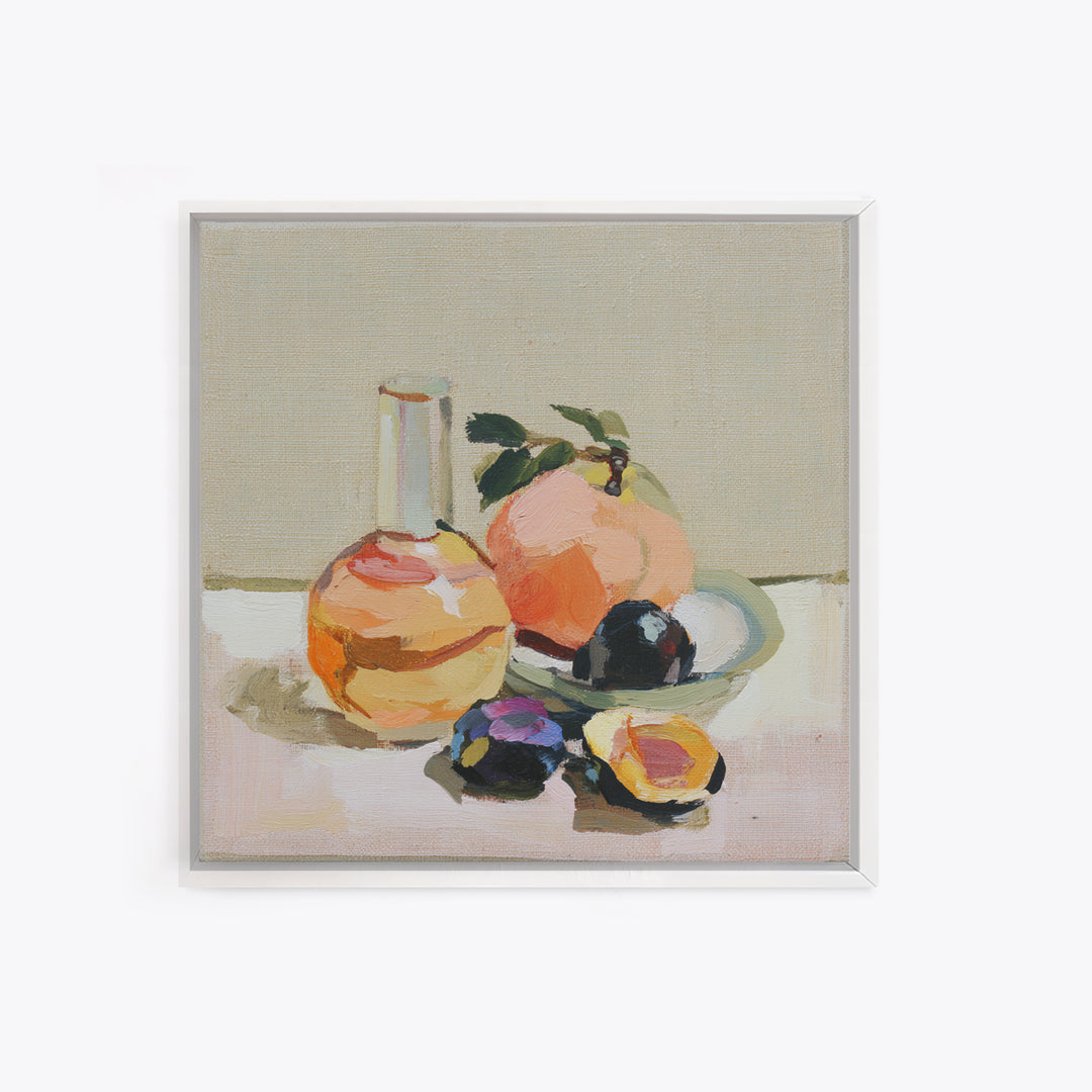 Peach and Plum Still Life Framed Canvas Print, Dining Room Art, Kitchen Wall Art, Dining Room Decor, Fine Art, Dining, DRA-1x1-44