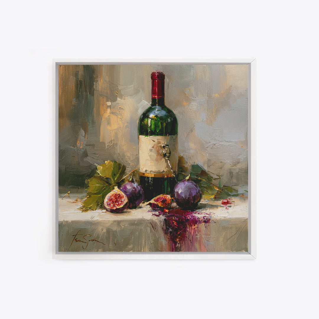Wine Bottle and Figs on a Linen Framed Canvas Print, Dining Room Art, Coastal Wall Art, Dining Room Decor, Abstract Art, Dining, DRA-1x1-51