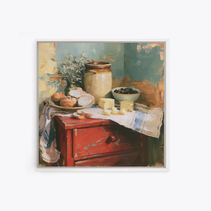 Rustic Bread Olives and Cheese Still Life Canvas Print, Dining Room Art, Living Room Decor, Dining Room Decor, Dining, DRA-1x1-6
