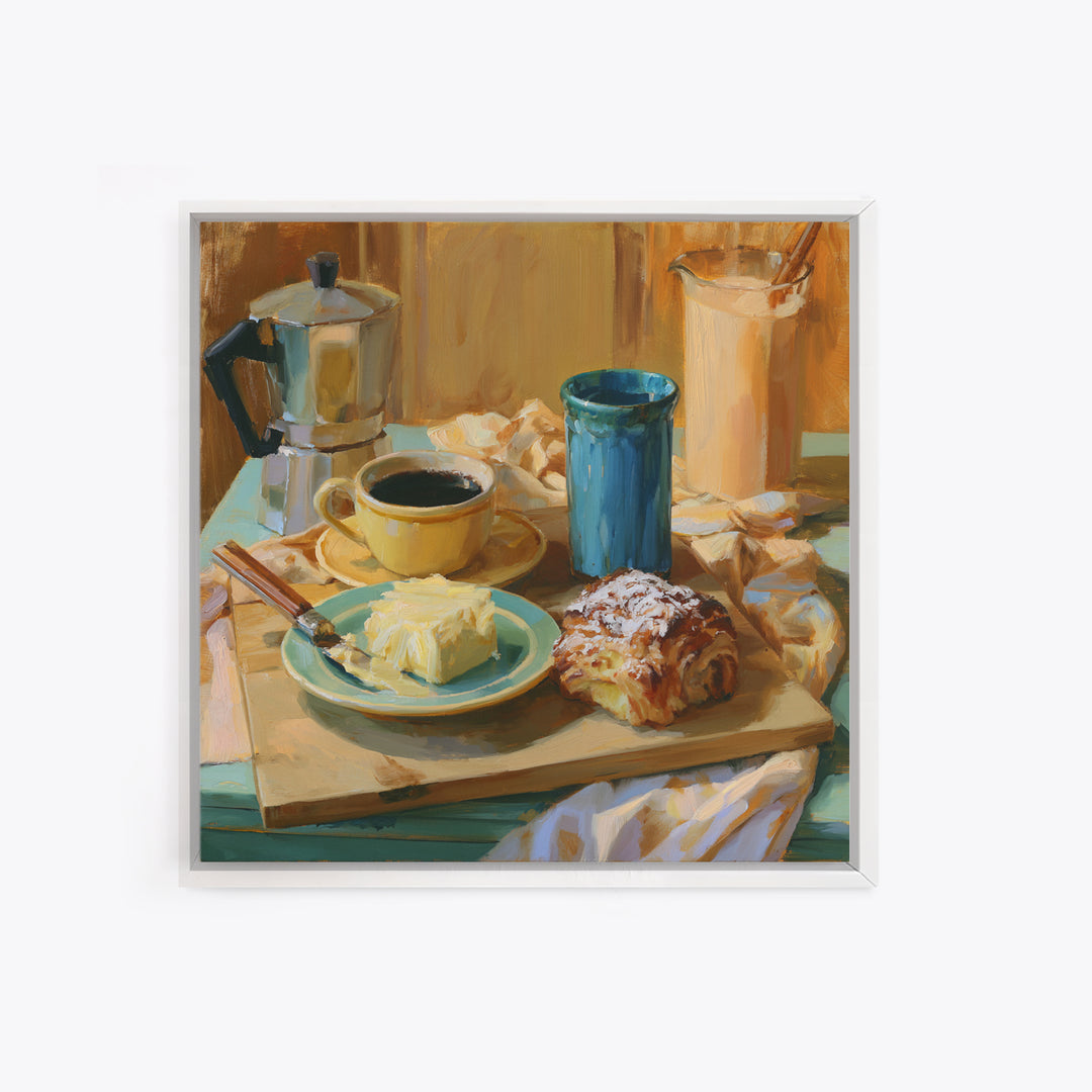 Coffee and Pastry Scene for Breakfast Nook Framed Canvas Print, Dining Room Art, Kitchen Wall Decor, Dining Room Decor, Dining, DRA-1x1-62
