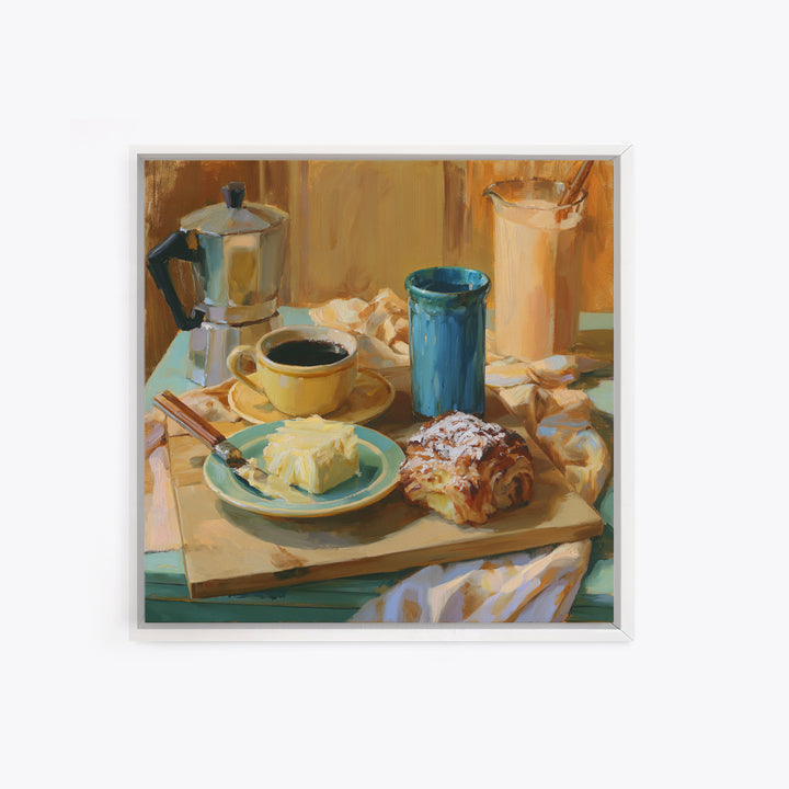 Coffee and Pastry Scene for Breakfast Nook Framed Canvas Print, Dining Room Art, Kitchen Wall Decor, Dining Room Decor, Dining, DRA-1x1-62