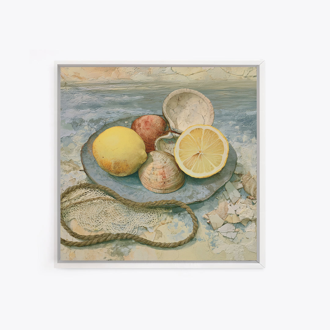 Shellfish and Lemon Still Life Framed Canvas Print, Dining Room Art, Abstract Wall Art, Dining Room Decor, Fine Art, Dining, DRA-1x1-64