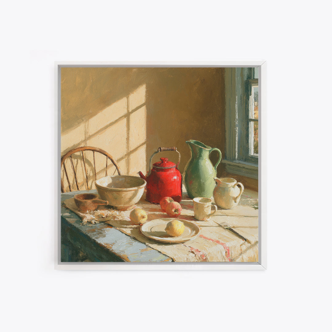 Sunlit Farmhouse Table Objects Without Room View Canvas Print, Dining Room Art, Coastal Wall Art, Dining Room Decor, Dining, DRA-1x1-65