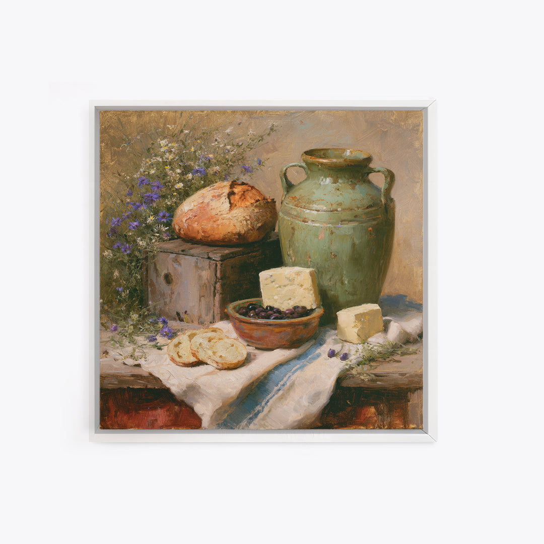 Rustic Bread Olives and Cheese Still Life Framed Canvas Print, Dining Room Art, Kitchen Prints, Dining Room Decor, Dining, DRA-1x1-78