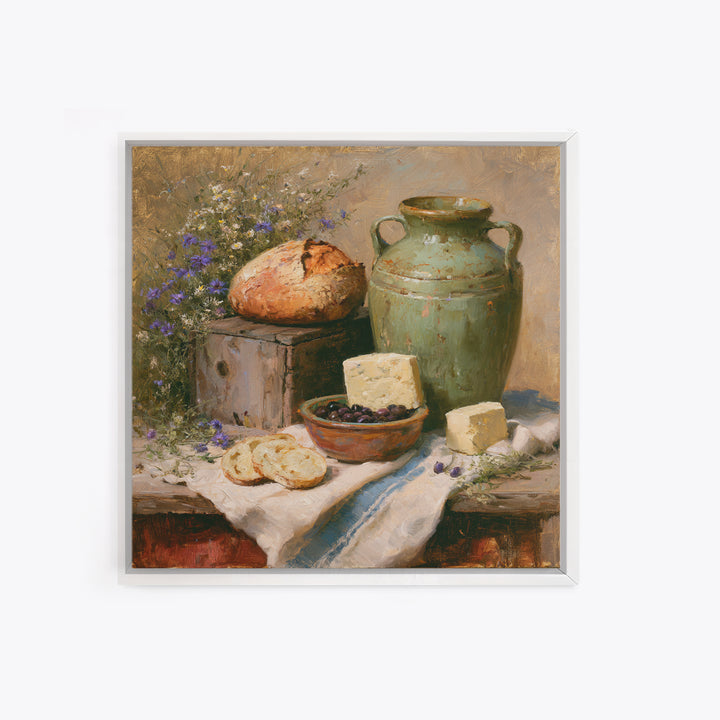 Rustic Bread Olives and Cheese Still Life Framed Canvas Print, Dining Room Art, Kitchen Prints, Dining Room Decor, Dining, DRA-1x1-78