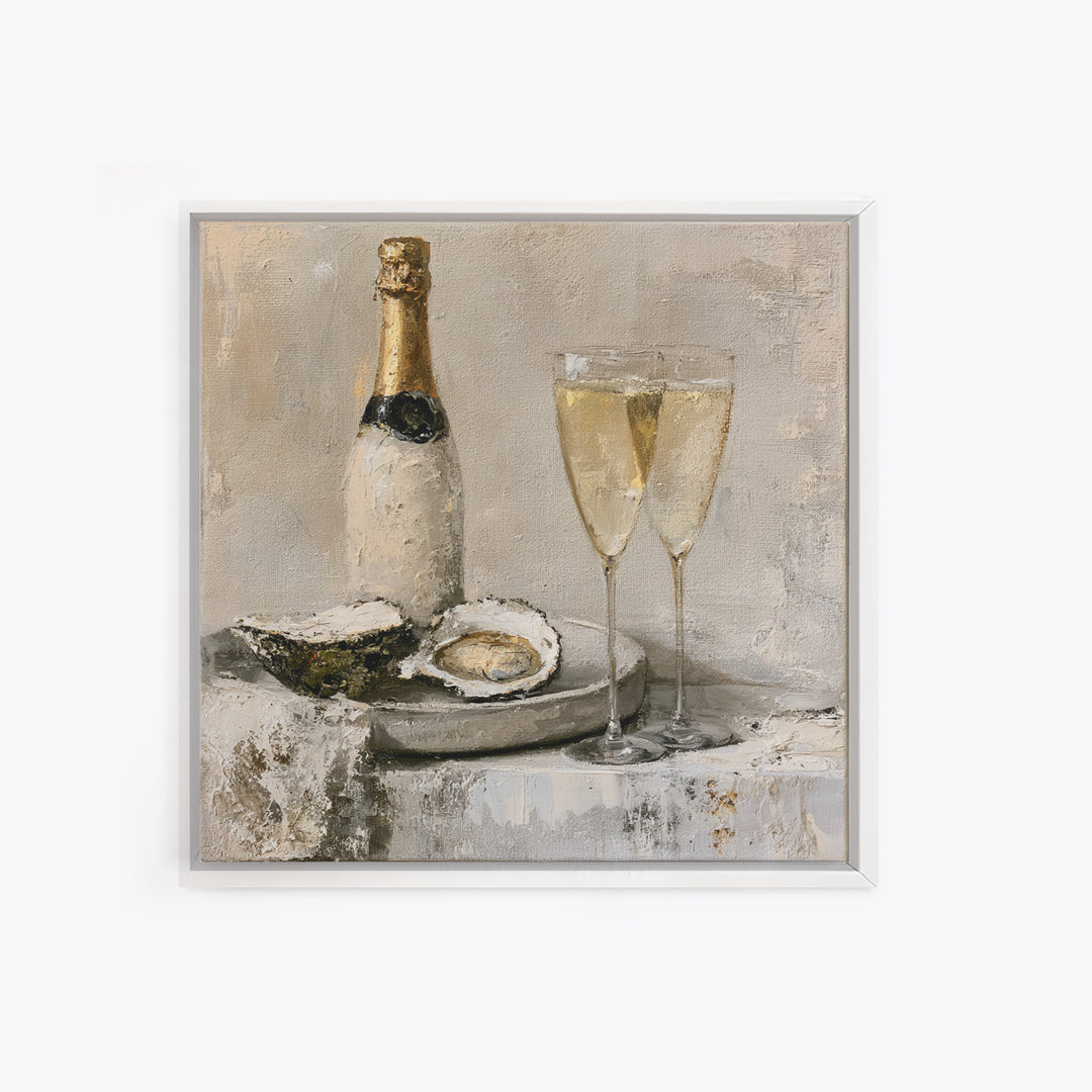 Elegant Oyster and Champagne Still Life Framed Canvas Print, Dining Room Art, Dining Room Decor, Oil Painting, Dining, DRA-1x1-79