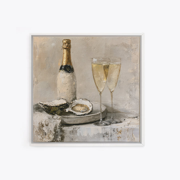 Elegant Oyster and Champagne Still Life Framed Canvas Print, Dining Room Art, Dining Room Decor, Oil Painting, Dining, DRA-1x1-79
