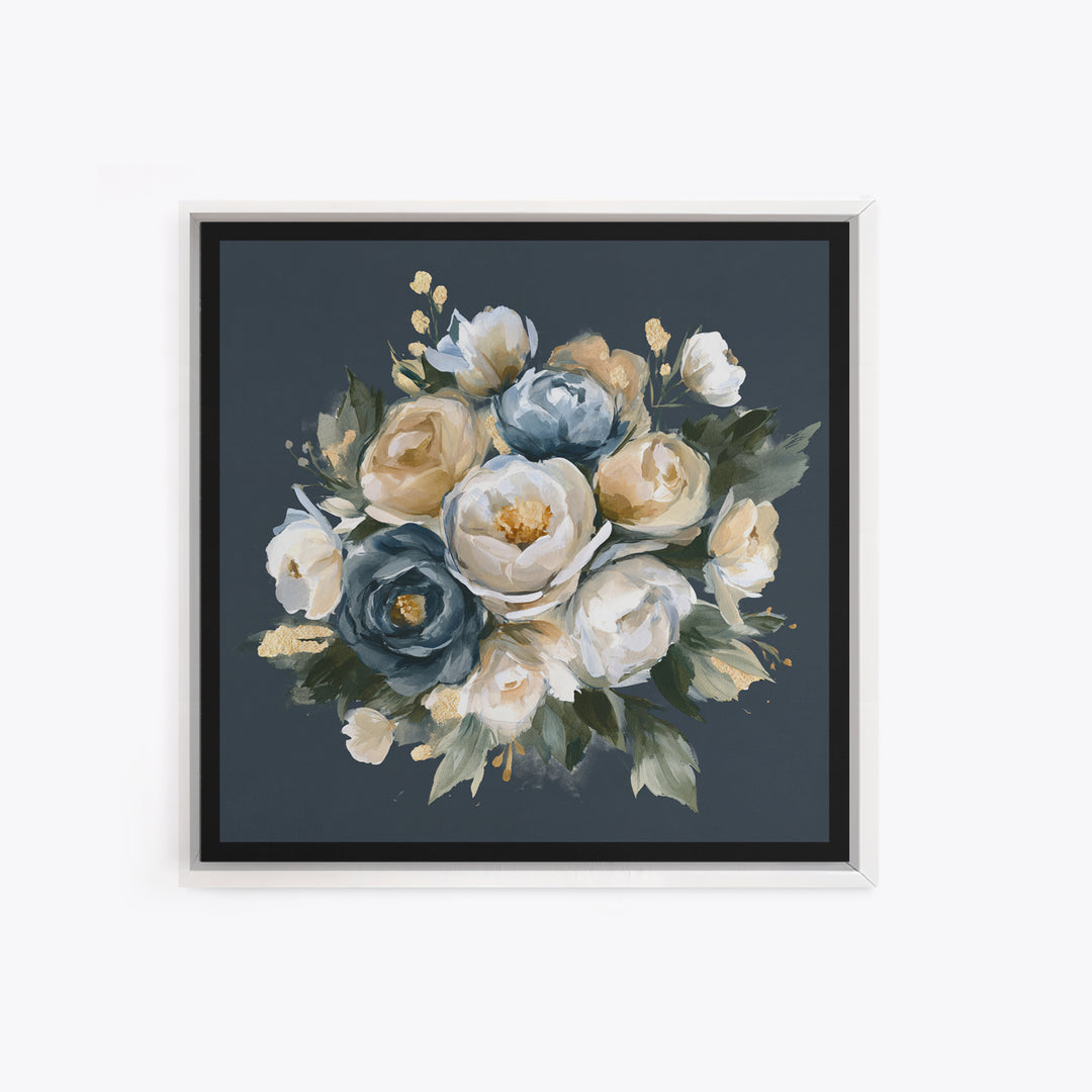 Moody Dark Background Bouquet for Formal Dining Framed Canvas Print, Dining Room Art, Neutral Decor, Dining Room Decor, Dining, DRA-1x1-83