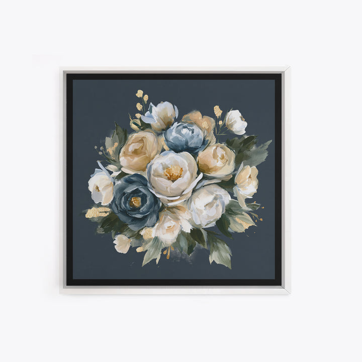 Moody Dark Background Bouquet for Formal Dining Framed Canvas Print, Dining Room Art, Neutral Decor, Dining Room Decor, Dining, DRA-1x1-83