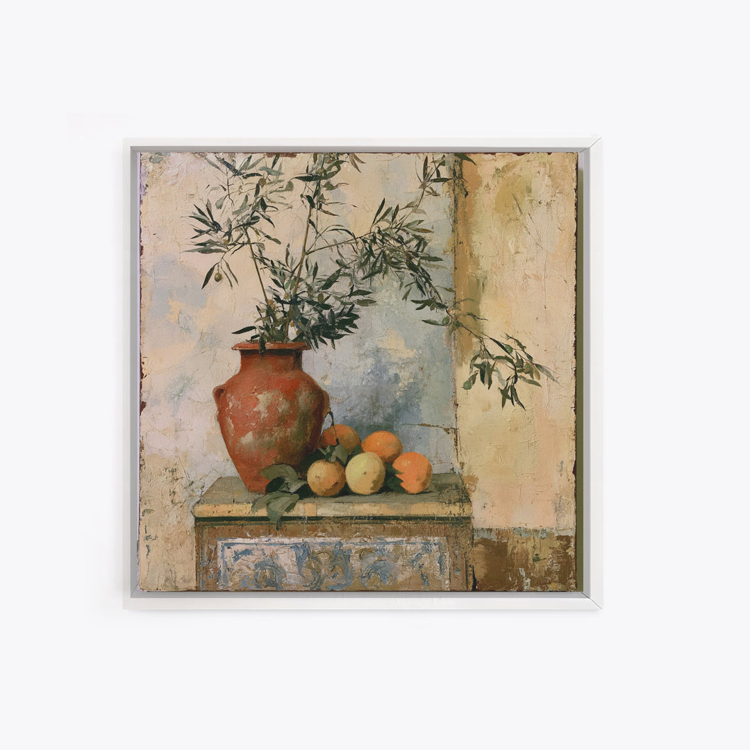 Mediterranean Olive Branch and Citrus Arrangement Canvas Print, Dining Room Art, Coastal Decor, Dining Room Decor, Dining, DRA-1x1-84