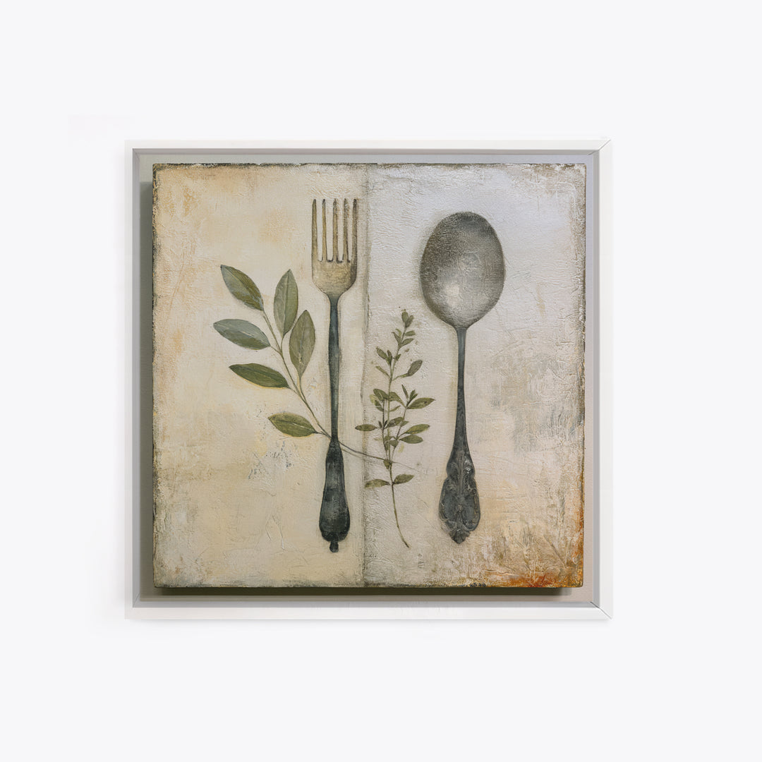 Minimal Fork Spoon and Herb Composition Canvas Print, Dining Room Art, Coastal Wall Art, Dining Room Decor, Fine Art, Dining, DRA-1x1-94