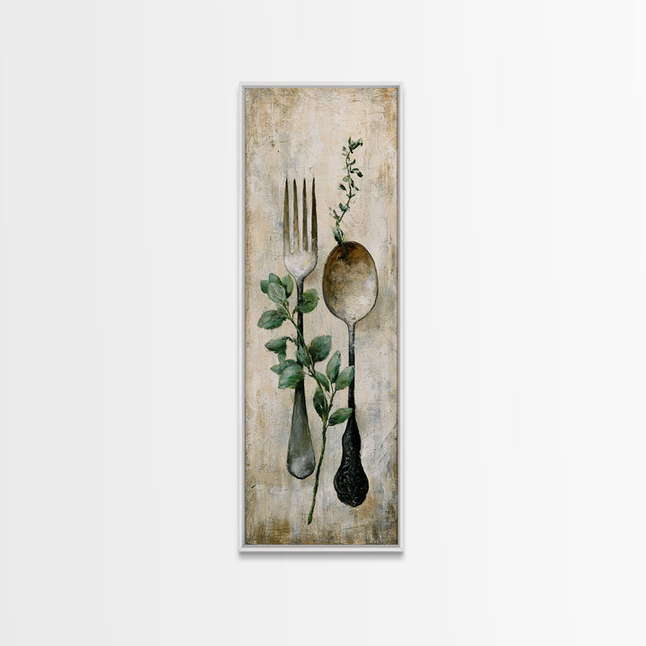 Minimal Fork Spoon and Herb Composition Canvas Print, Dining Room Art, Kitchen Art, Dining Room Decor, Fine Art, Dining, DRA-1x3-10