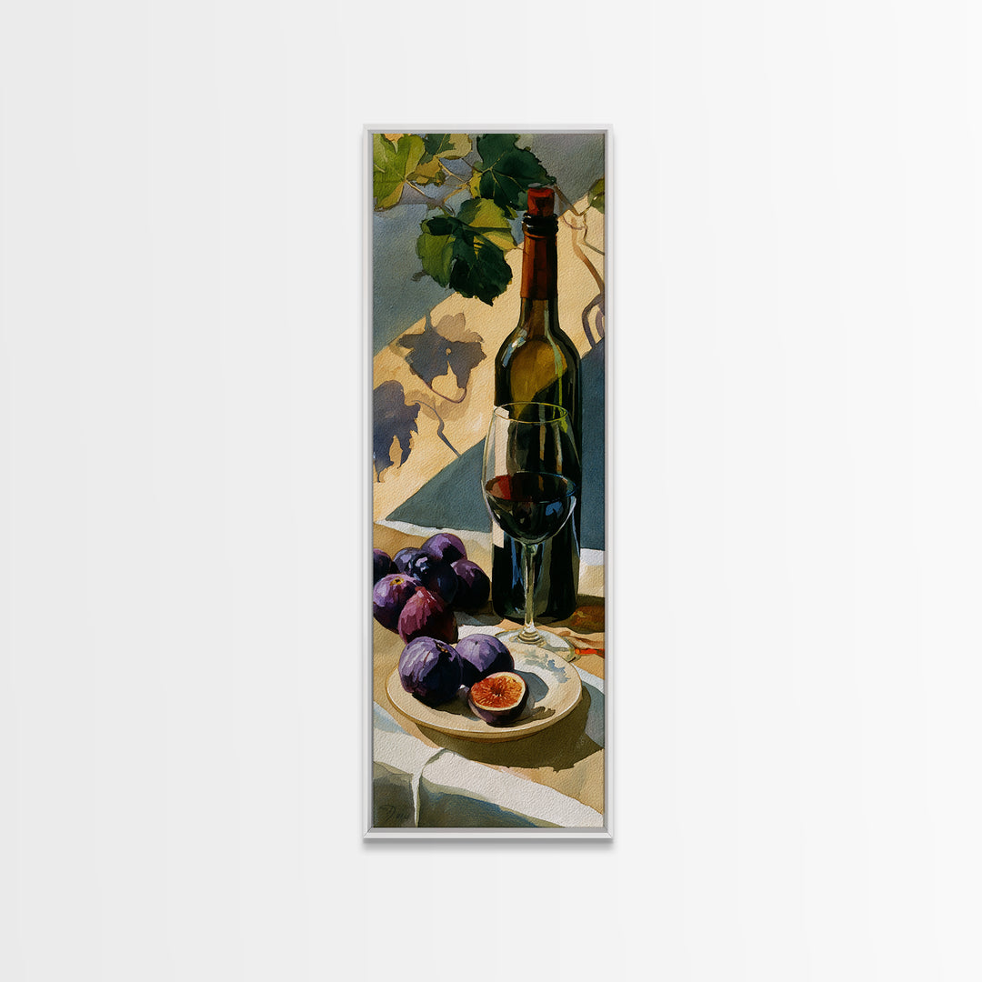 Wine Bottle and Figs on a Linen Framed Canvas Print, Dining Room Art, Statement Artwork, Dining Room Decor, Fine Art, Dining, DRA-1x3-15