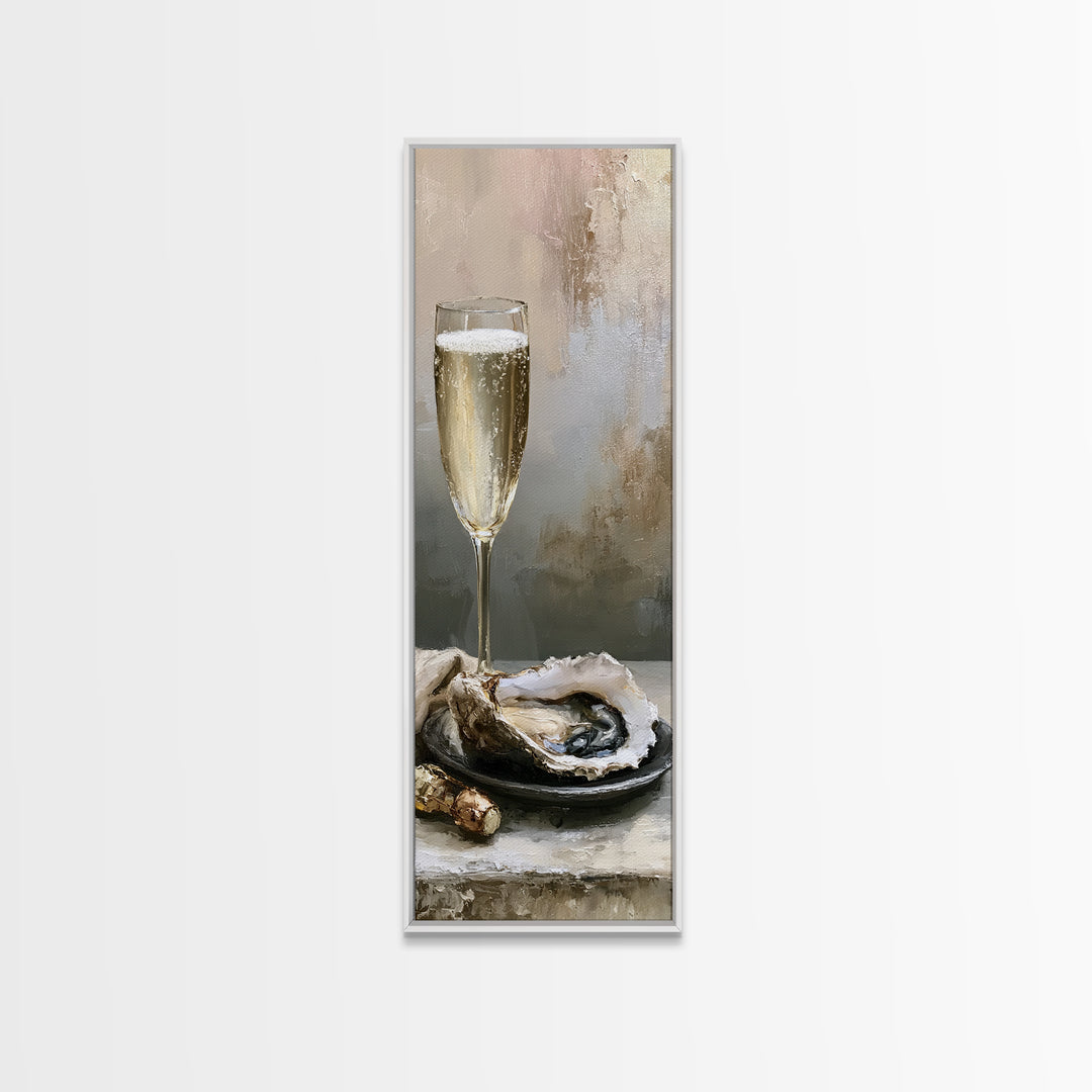 Elegant Oyster and Champagne Still Life Framed Canvas Print, Dining Room Art, Boho Decor, Dining Room Decor, Fine Art, Dining, DRA-1x3-19