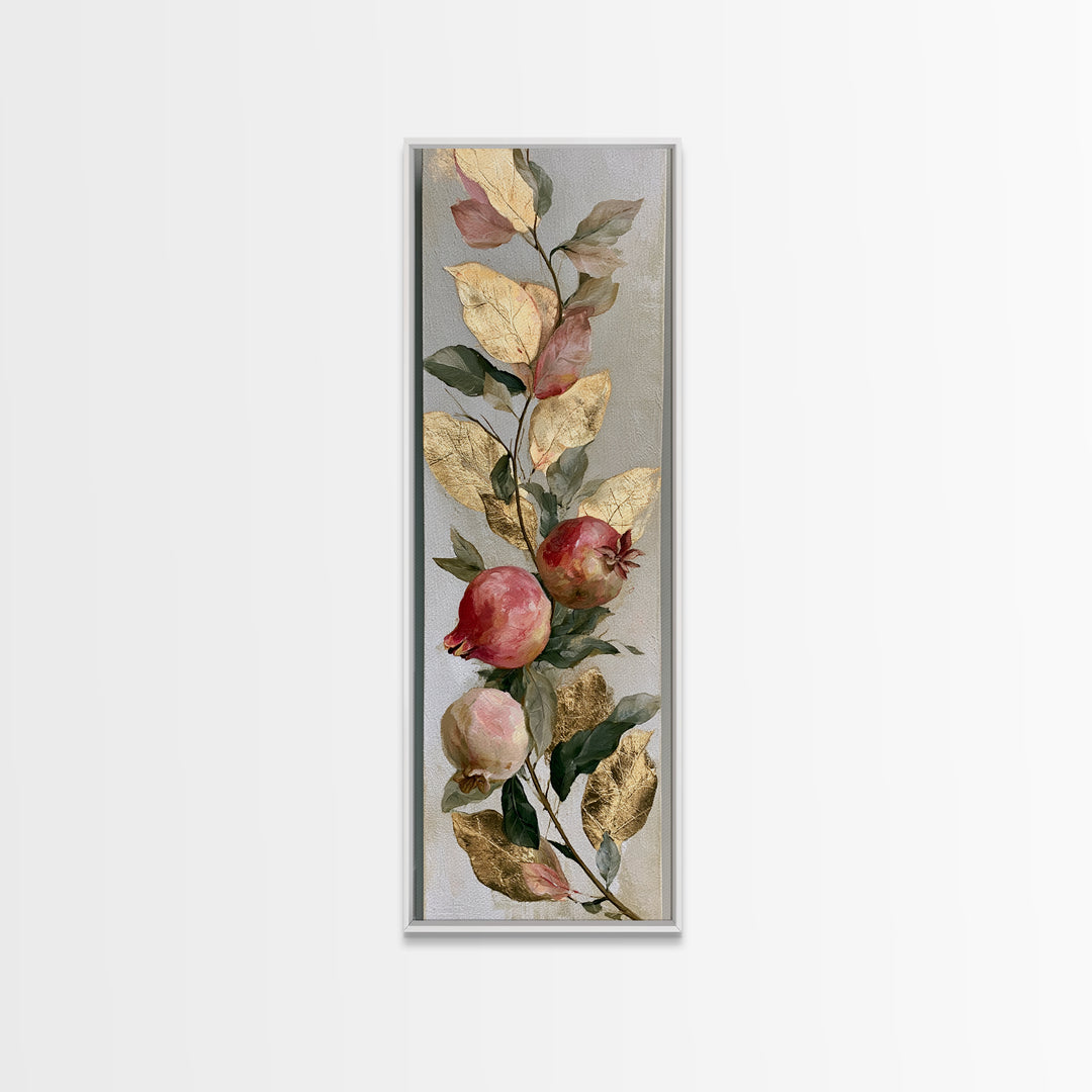 Pomegranate and Gold Leaf Botanical Study Canvas Print, Dining Room Art, Statement Artwork, Dining Room Decor, Oil Painting, DRA-1x3-44