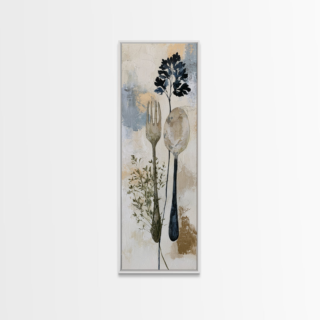 Minimal Fork Spoon and Herb Composition Canvas Print, Dining Room Art, Bedroom Wall Art, Dining Room Decor, Dining, DRA-1x3-58