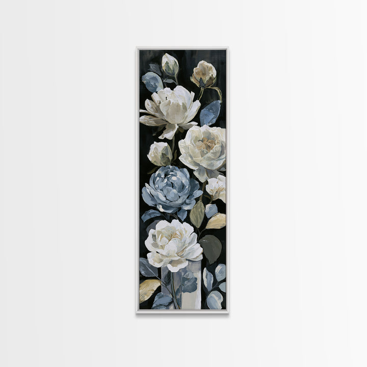 Moody Dark Background Bouquet for Formal Dining Framed Canvas Print, Dining Room Art, Kitchen Decor, Dining Room Decor, Dining, DRA-1x3-71
